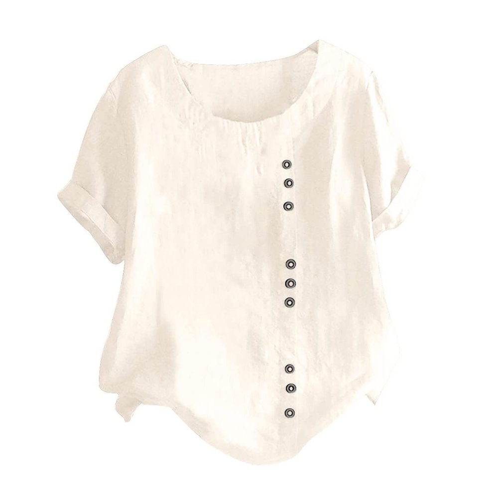 Womens Summer Tops Linen Cotton Casual Loose Shirt Short Sleeve Button Down Blouse Oversized Embroidered Floral Shirt