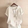 Womens Summer Tops Linen Cotton Casual Loose Shirt Short Sleeve Button Down Blouse Oversized Embroidered Floral Shirt view 2