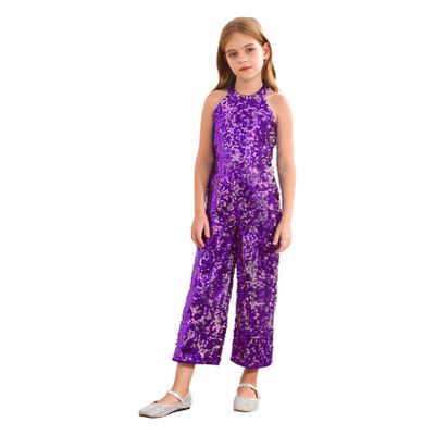 Linjinx Kids Girls Sparkle Romper Jumpsuit One-Piece Halter Neck Wide Leg Catsuit Pageant Birthday Party Purple 12 Years