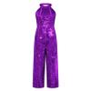 Linjinx Kids Girls Sparkle Romper Jumpsuit One-Piece Halter Neck Wide Leg Catsuit Pageant Birthday Party Purple 12 Years view 3