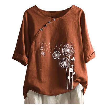 Cute Summer Tops for Women Cotton Linen Casual Short Sleeve Shirt Blouse Oversized Embroidered Floral Shirt