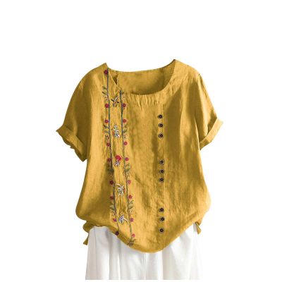 Cute Summer Tops for Women Cotton Linen Casual Short Sleeve Shirt Blouse Oversized Embroidered Floral Shirt