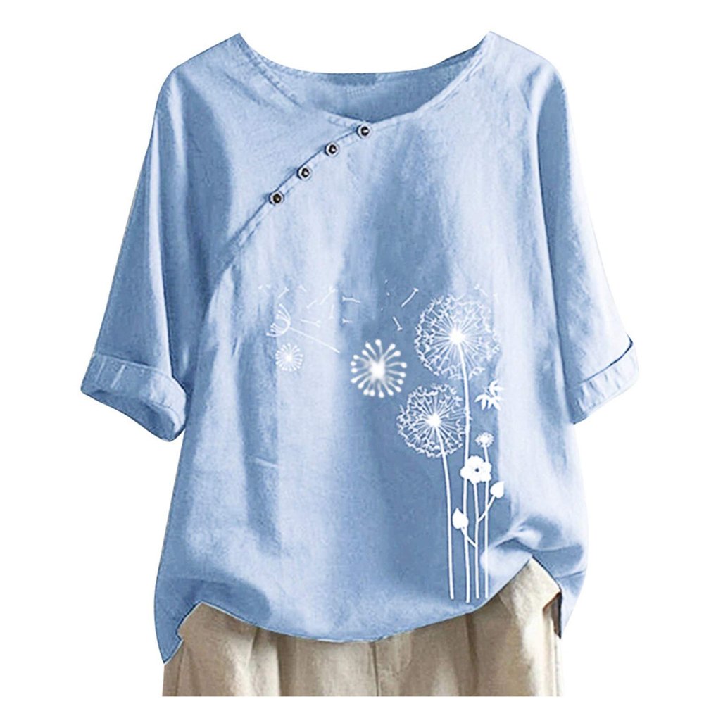 Cute Summer Tops for Women Cotton Linen Casual Short Sleeve Shirt Blouse Oversized Embroidered Floral Shirt