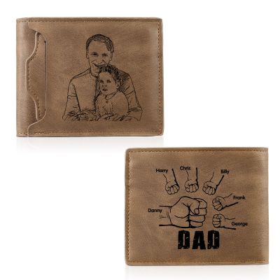 Amsgedhie Personalized Dad Birthday Gift Mens Photo Wallets Leather Custom 1-5 Name Wallet Dad Wallet with Kids Names Fist Bump Mens Wallet (Brown 1#, 6 Name)