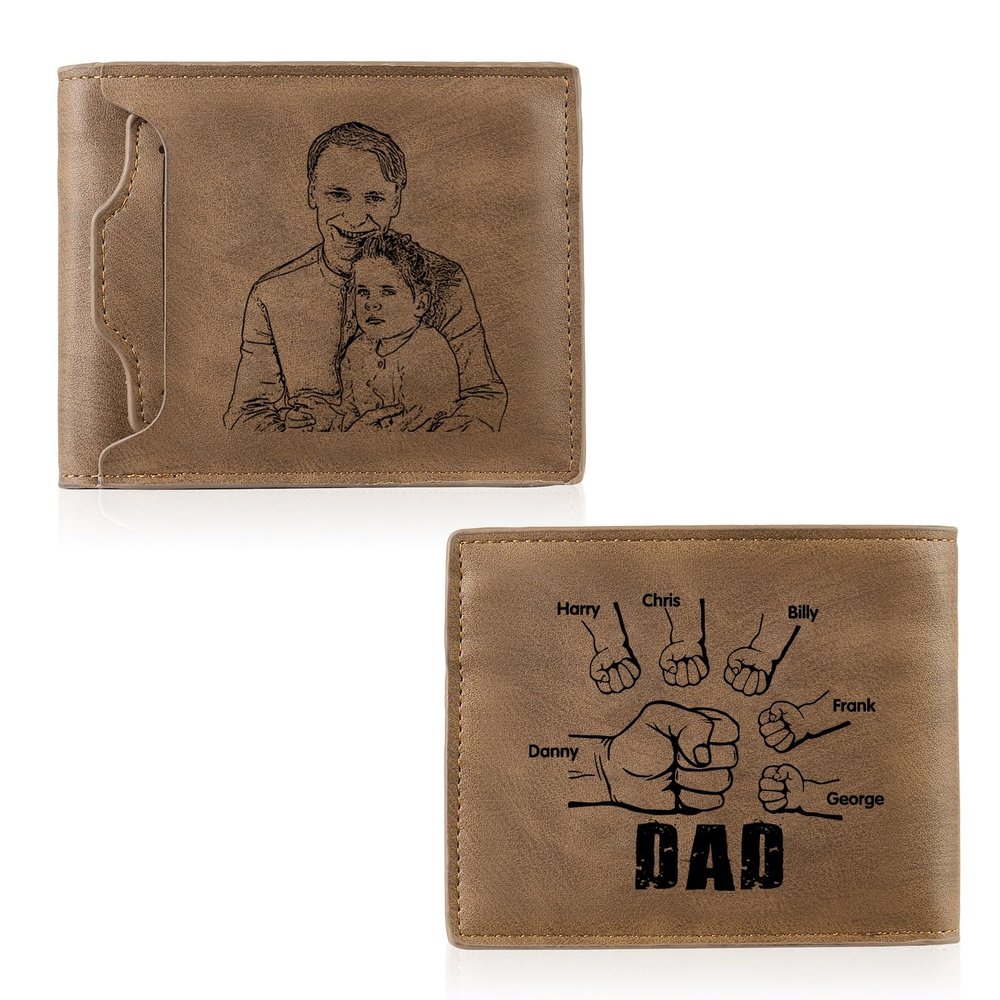 Amsgedhie Personalized Dad Birthday Gift Mens Photo Wallets Leather Custom 1-5 Name Wallet Dad Wallet with Kids Names Fist Bump Mens Wallet (Brown 1#, 6 Name)