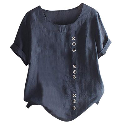 Cute Summer Tops for Women Cotton Linen Casual Short Sleeve Shirt Blouse Oversized Embroidered Floral Shirt