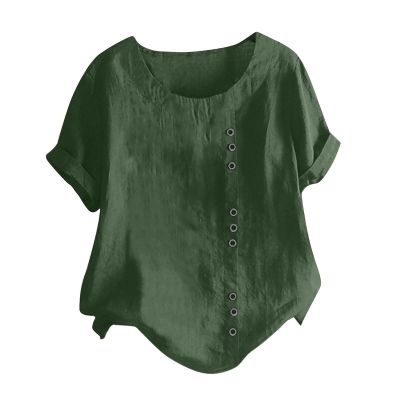 Womens Summer Tops Linen Cotton Casual Loose Shirt Short Sleeve Button Down Blouse Oversized Embroidered Floral Shirt