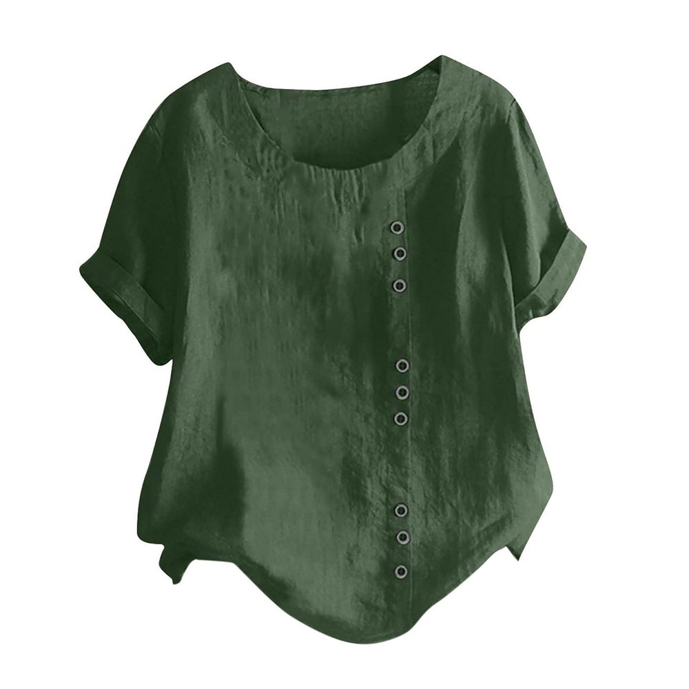 Womens Summer Tops Linen Cotton Casual Loose Shirt Short Sleeve Button Down Blouse Oversized Embroidered Floral Shirt