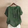 Womens Summer Tops Linen Cotton Casual Loose Shirt Short Sleeve Button Down Blouse Oversized Embroidered Floral Shirt view 2