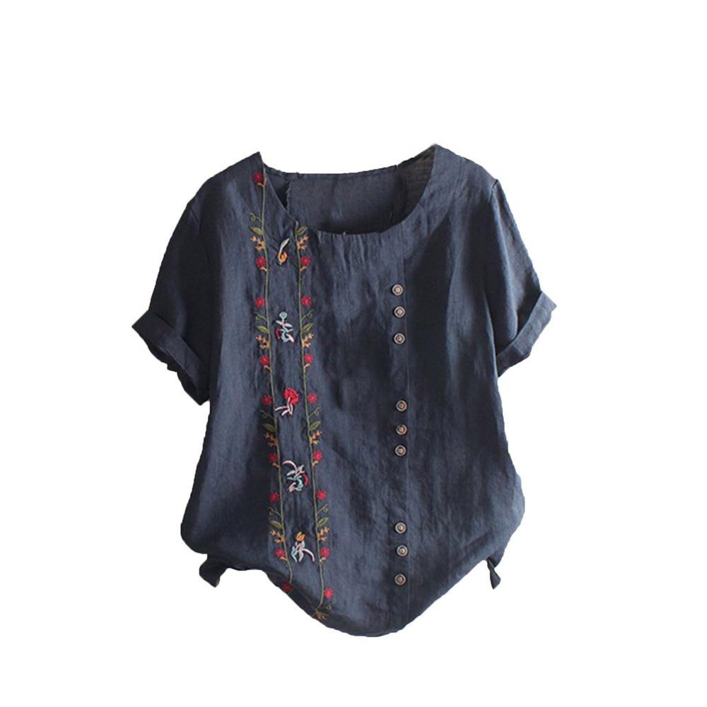 Cute Summer Tops for Women Cotton Linen Casual Short Sleeve Shirt Blouse Oversized Embroidered Floral Shirt