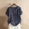 Cute Summer Tops for Women Cotton Linen Casual Short Sleeve Shirt Blouse Oversized Embroidered Floral Shirt view 2