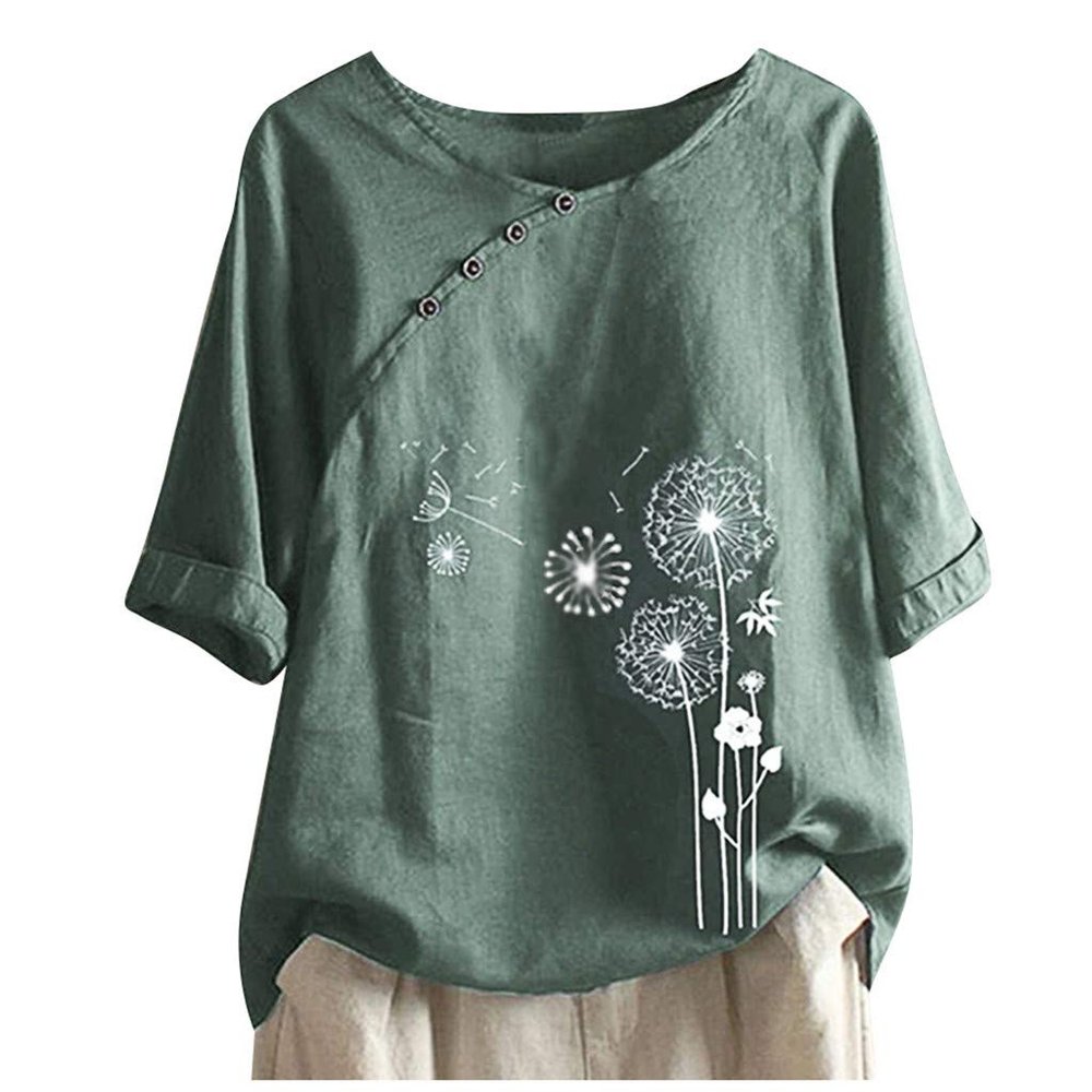 Linen Tops for Women Casual Oversized Summer Graphic Tees Short Sleeve Button Down Blouses Crew Neck Loose Fit Shirt