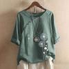 Linen Tops for Women Casual Oversized Summer Graphic Tees Short Sleeve Button Down Blouses Crew Neck Loose Fit Shirt view 2