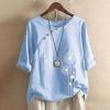 Womens Cotton Linen Short Sleeve Tops Casual Crew Neck T Shirts Embroidered Blouse Plus Size Loose Fit Summer Tunics view 2