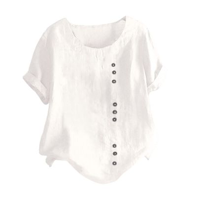 Womens Summer Tops Linen Cotton Casual Loose Shirt Short Sleeve Button Down Blouse Oversized Embroidered Floral Shirt