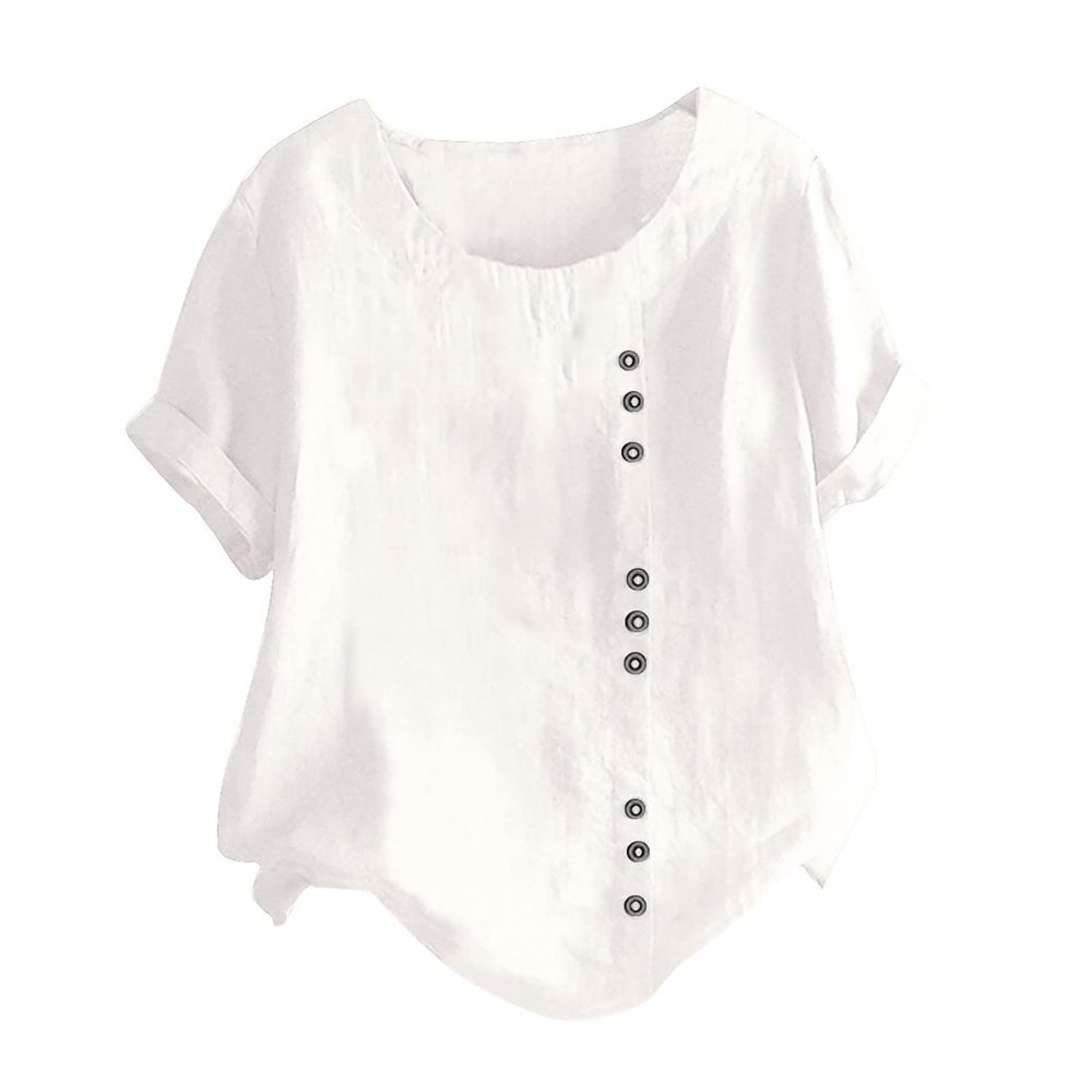 Womens Summer Tops Linen Cotton Casual Loose Shirt Short Sleeve Button Down Blouse Oversized Embroidered Floral Shirt