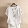 Womens Summer Tops Linen Cotton Casual Loose Shirt Short Sleeve Button Down Blouse Oversized Embroidered Floral Shirt view 2