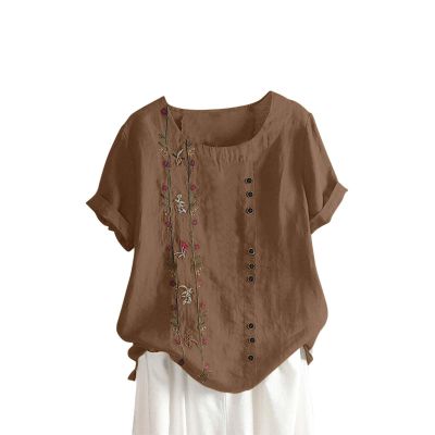 Cute Summer Tops for Women Cotton Linen Casual Short Sleeve Shirt Blouse Oversized Embroidered Floral Shirt