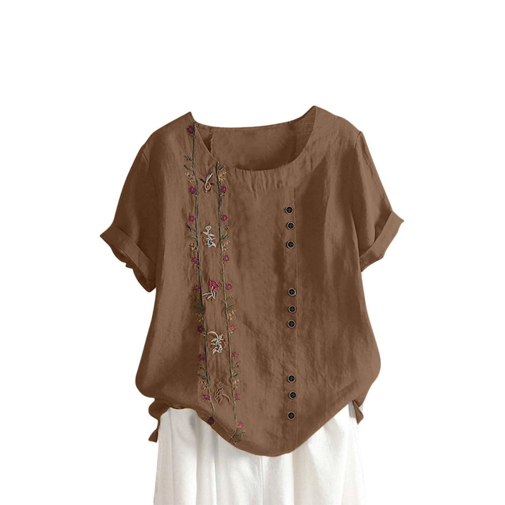 Cute Summer Tops for Women Cotton Linen Casual Short Sleeve Shirt Blouse Oversized Embroidered Floral Shirt