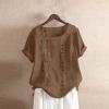 Cute Summer Tops for Women Cotton Linen Casual Short Sleeve Shirt Blouse Oversized Embroidered Floral Shirt view 2