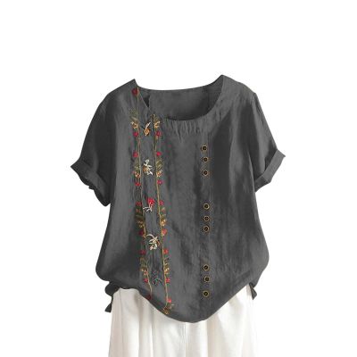 Linen Tops for Women Casual Oversized Summer Graphic Tees Short Sleeve Button Down Blouses Crew Neck Loose Fit Shirt