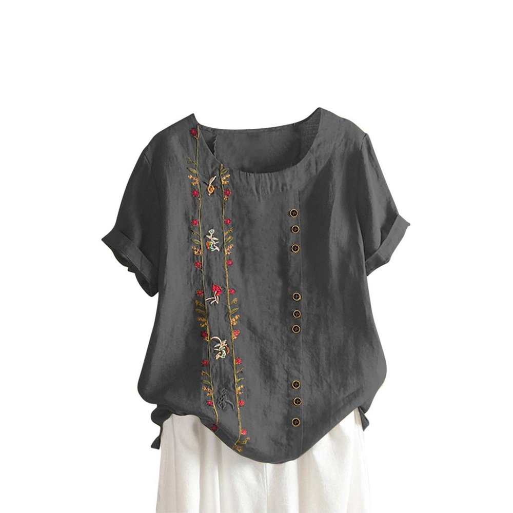 Linen Tops for Women Casual Oversized Summer Graphic Tees Short Sleeve Button Down Blouses Crew Neck Loose Fit Shirt