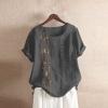 Linen Tops for Women Casual Oversized Summer Graphic Tees Short Sleeve Button Down Blouses Crew Neck Loose Fit Shirt view 2
