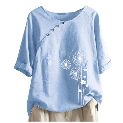 Cute Summer Tops for Women Cotton Linen Casual Short Sleeve Shirt Blouse Oversized Embroidered Floral Shirt