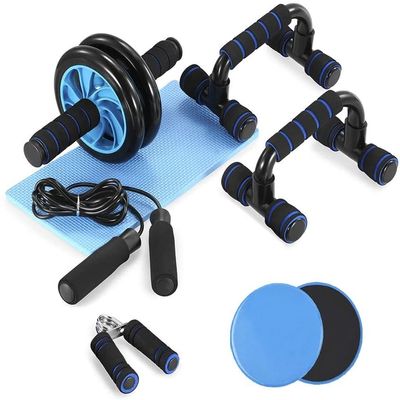 6-in-1 AB Wheel Roller Kit Sliders Push-Up Bar Jump Rope Hand Gripper and Knee Pad for Home Gym Workout (Color : Blue, Size : 1 Set)