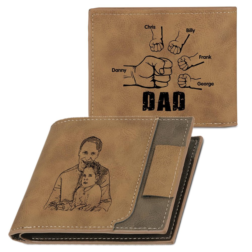 Amsgedhie Personalized Dad Birthday Gift Mens Photo Wallets Leather Custom 1-5 Name Wallet Dad Wallet with Kids Names Fist Bump Mens Wallet (Brown 2#, 5 Name)