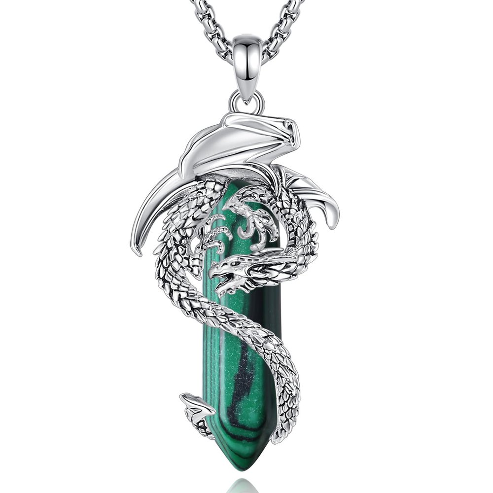 AEONSLOVE Malachite Dragon Necklace for Women & Men - Healing Crystal Pendant, Spiritual Jewelry, Green Crystal Talisman