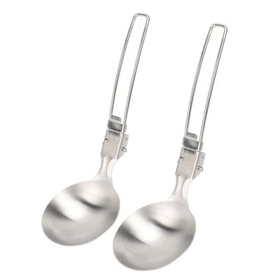 2Pcs 304 Stainless Steel Spoon - Metal Spoon with Foldable Handle - Large Round Spoons, Heat Resistant, Thick Heavy Duty for Camping Cycling Hiking - Kitchen Utensils