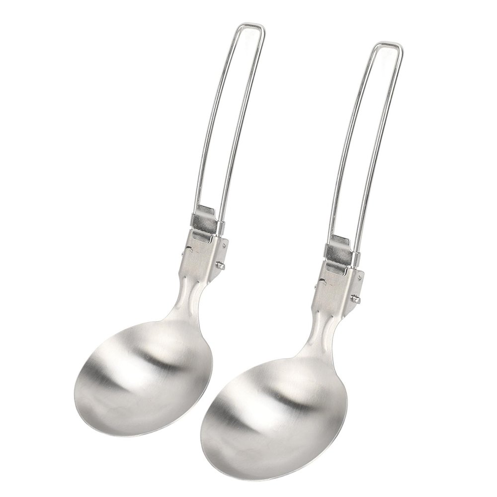 2Pcs 304 Stainless Steel Spoon - Metal Spoon with Foldable Handle - Large Round Spoons, Heat Resistant, Thick Heavy Duty for Camping Cycling Hiking - Kitchen Utensils