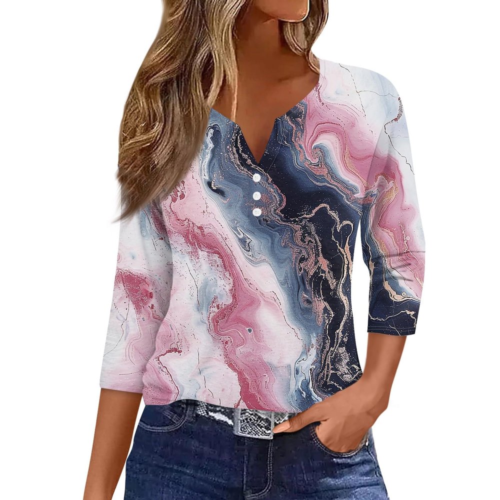 3/4 Length Sleeve Womens Tops Henley Shirts Trendy V Neck Cute Casual Print Loose Fit Button Down Trendy Petite Plus Size Tops Three Quarter Sleeve T Shirts Summer Fall Clothes Pink 3XL