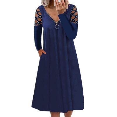 Women Long Sleeve T Shirt Midi Dress Hollow Out Cocktail Dresses Casual V-Neck Zipper Maxi Dresses with Pockets (3X-Large,Blue)