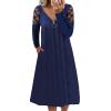 Women Long Sleeve T Shirt Midi Dress Hollow Out Cocktail Dresses Casual V-Neck Zipper Maxi Dresses with Pockets (3X-Large,Blue)