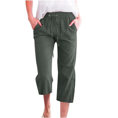 Linen Capris for Women Casual Loose Wide Leg Trousers with Pockets Summer Elastic High Waisted Cropped Pants Linen Pants Women Petite Wide Leg Trouser Pants Womens Capri Yoga Pants