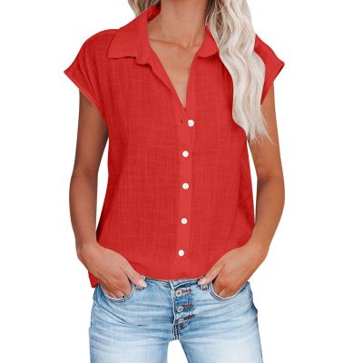 NaRHbrg Women's V Neck Button Down Shirts Cap Sleeve Casual Blouses