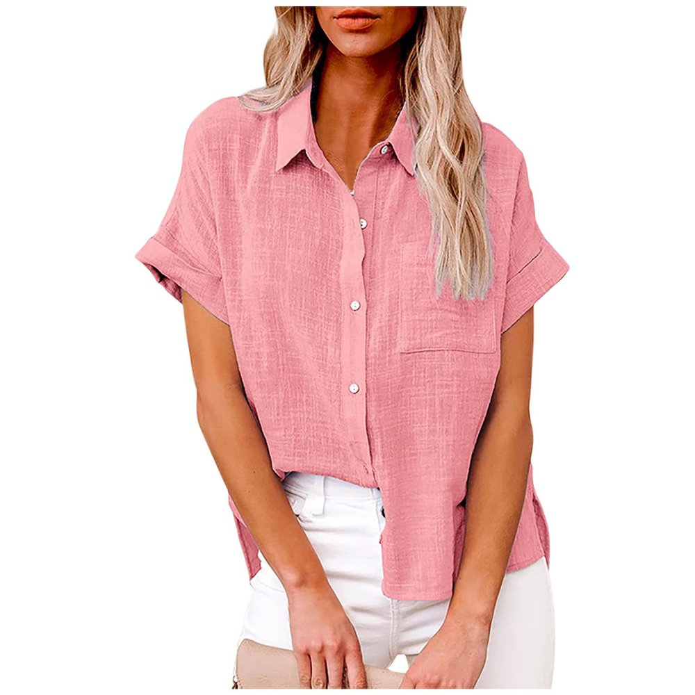Button Down Shirt Women, Womens Cotton Linen Blouses Short Sleeve Shirts V Neck Collared Button Up Summer Beach Tops