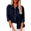 Womens Long Sleeve Cotton Linen Shirts V Neck Button Down Blouse Casual Collared Work Tops Loose Fit Casual Tshirt view 2