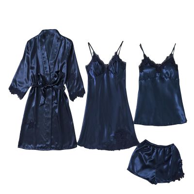 Akklian Sexy Pajama Set for Women 5 Piece Satin Lace Trim Silk Pjs Lounge Sets Sleepwear Cami Robes Nightgowns Shorts Pants
