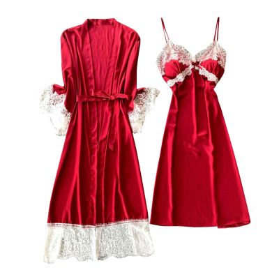 Akklian Pajamas for Women Satin Robe Set 2 Piece Sexy Pajamas Sets Babydoll Lace Cami Nightgown Soft Silk Robes Nightwear