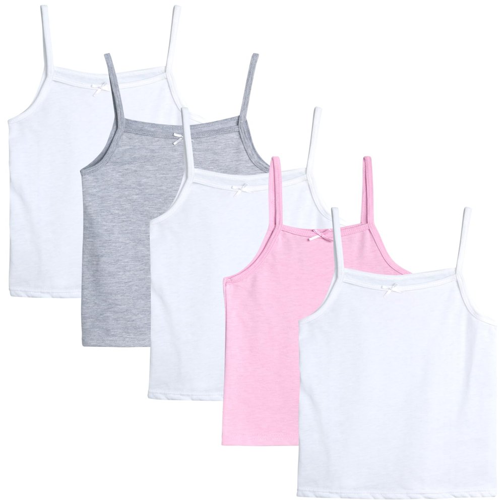 dELiA*s Girls Camisole - 5 Pack 100% Cotton Soft and Breathable Cami Tank Top Girls Undershirts (Sizes: 2T-14), Size 8-10, White/Pink/Grey