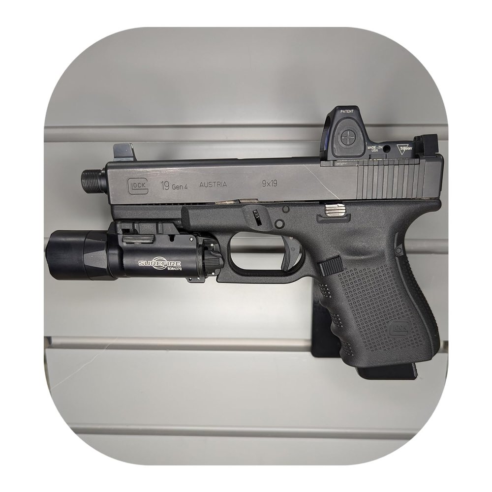 Hammy3DPrints Mount for Glock 9mm / 40/357 Double Stack - Slatwall | Pistol Holder Handgun Storage Rack (Facing Right, Savior Eqpmnt.)