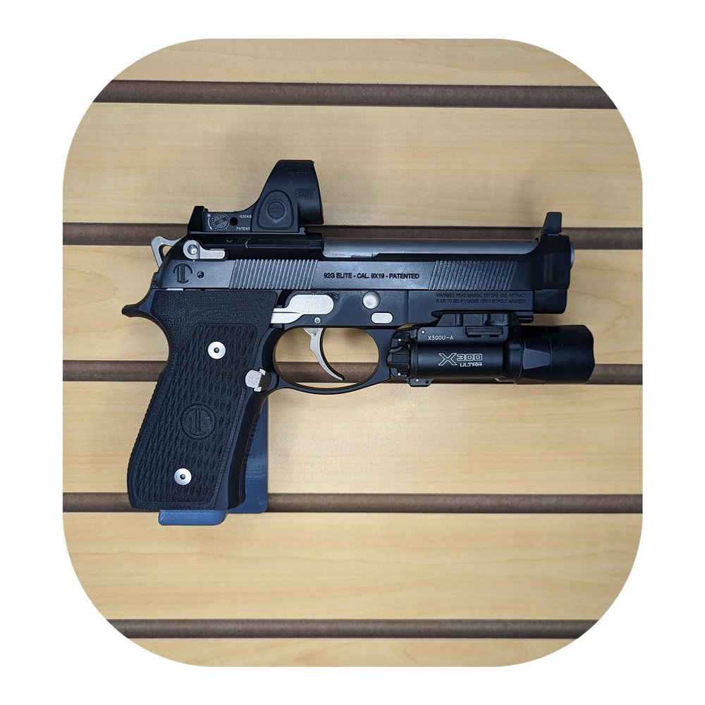 Hammy3DPrints Mount for Beretta M9 / 92 - Slatwall | Pistol Holder Handgun Storage Rack (Facing Left, Savior Eqpmnt.)