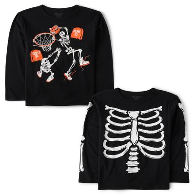 The Children's Place,Boys,All Holidays Long Sleeve Graphic T-Shirts,Multipacks,Skeleton Bball/Skeleton Cage 2-Pack,X-Small