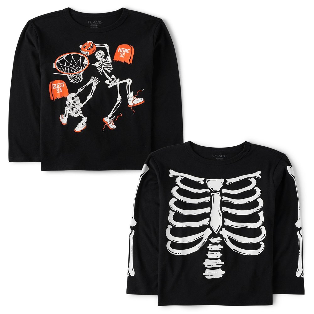 The Children's Place,Boys,All Holidays Long Sleeve Graphic T-Shirts,Multipacks,Skeleton Bball/Skeleton Cage 2-Pack,X-Small