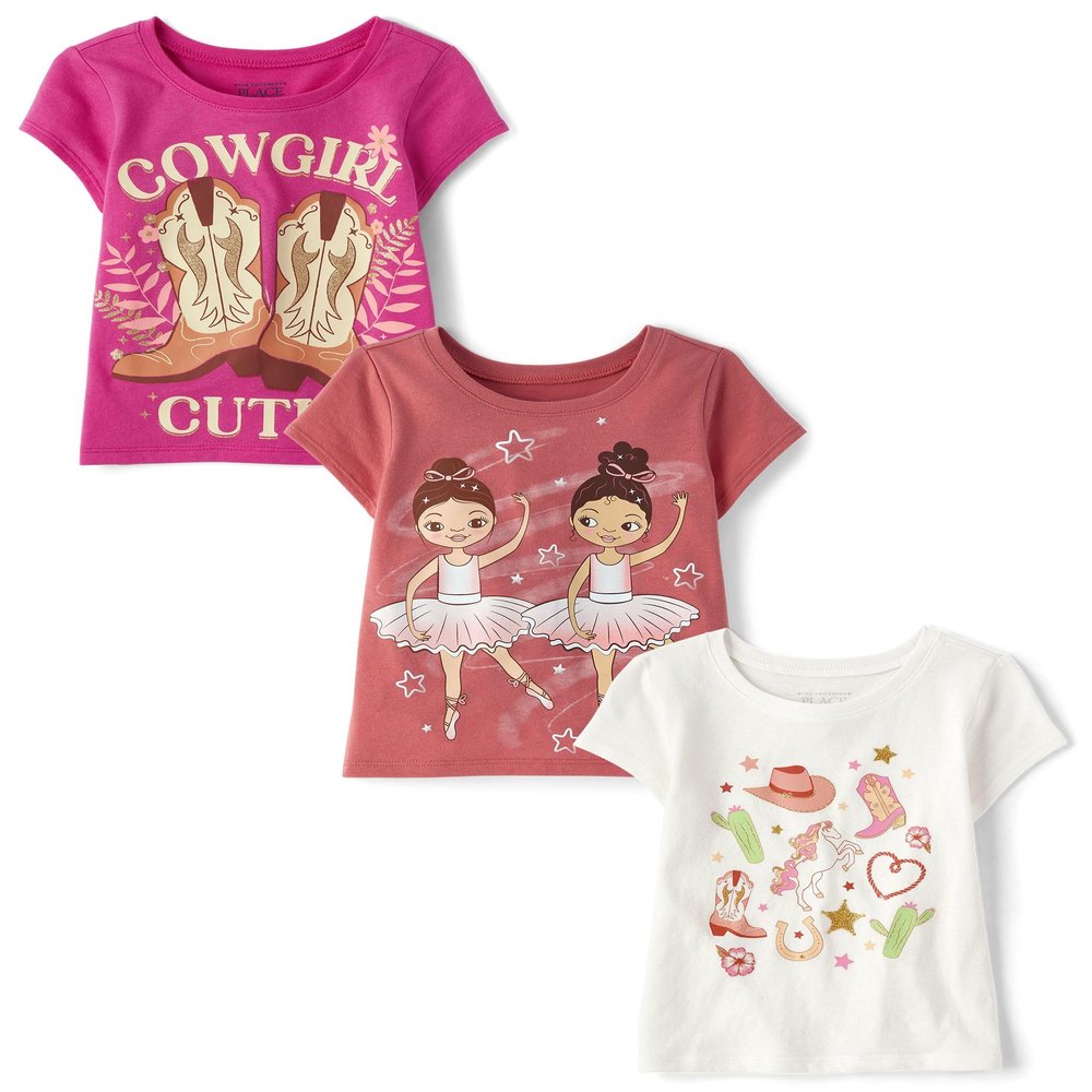 The Children's Place,Baby Girls,and Toddler Assorted Everyday Short Sleeve Graphic T-Shirts,Multipacks,Cowgirl Boots/Western/Dance Girl 3-Pack,3 Years