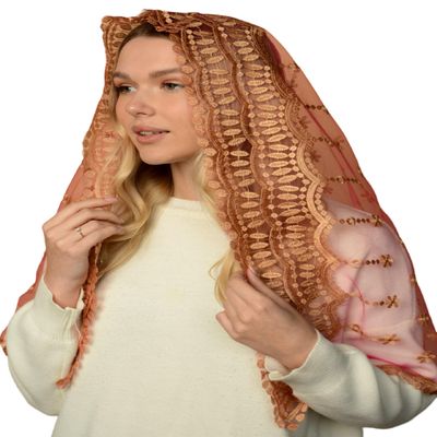 Maria Veils Catholic Mantilla Mass Infinity Chapel Head Covering - Lace Veil, Spanish Style - Long (Gold/Pink)