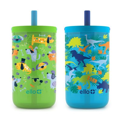 Ello Bop 2-Pack 12oz Kids Plastic Tumbler Set with Carry Loop | Leak-Proof Slider Lid | Removable Spill Resistant Soft Straw | BPA-Free | Dogs and Dinos